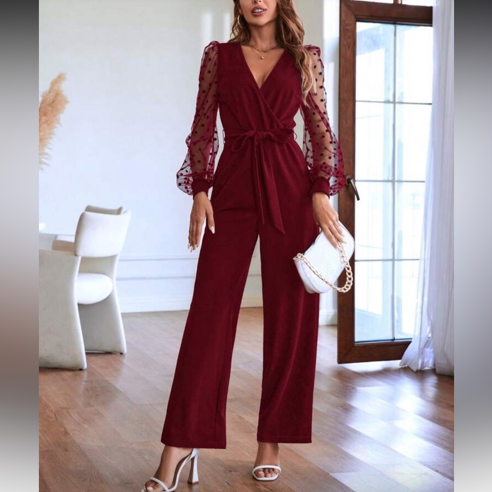 Boho polka dots mesh lantern sleeve belted jumpsuit
